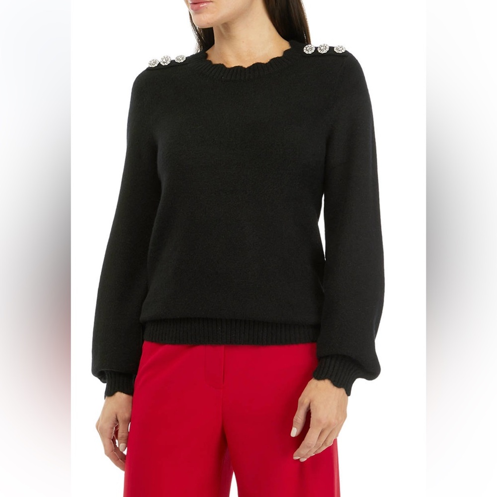 Crown & Ivy Black Scalloped Neck Sweater with Jeweled Buttons on Shoulders